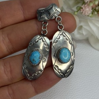 Vintage Native American 925 Sterling Turquoise Silver Earrings Length 1.90 Inch