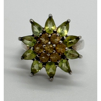925 Sterling Silver Peridot & Citrine Flower Ring Size 4.5
