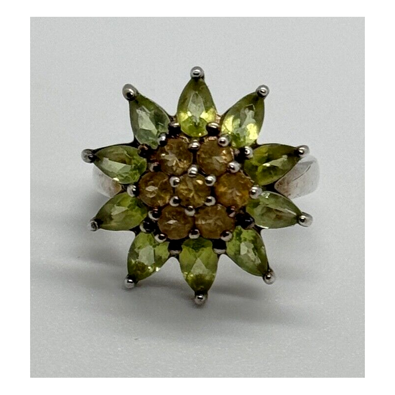 925 Sterling Silver Peridot & Citrine Flower Ring Size 4.5