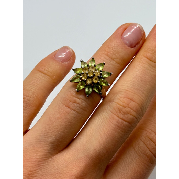 925 Sterling Silver Peridot & Citrine Flower Ring Size 4.5