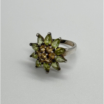 925 Sterling Silver Peridot & Citrine Flower Ring Size 4.5