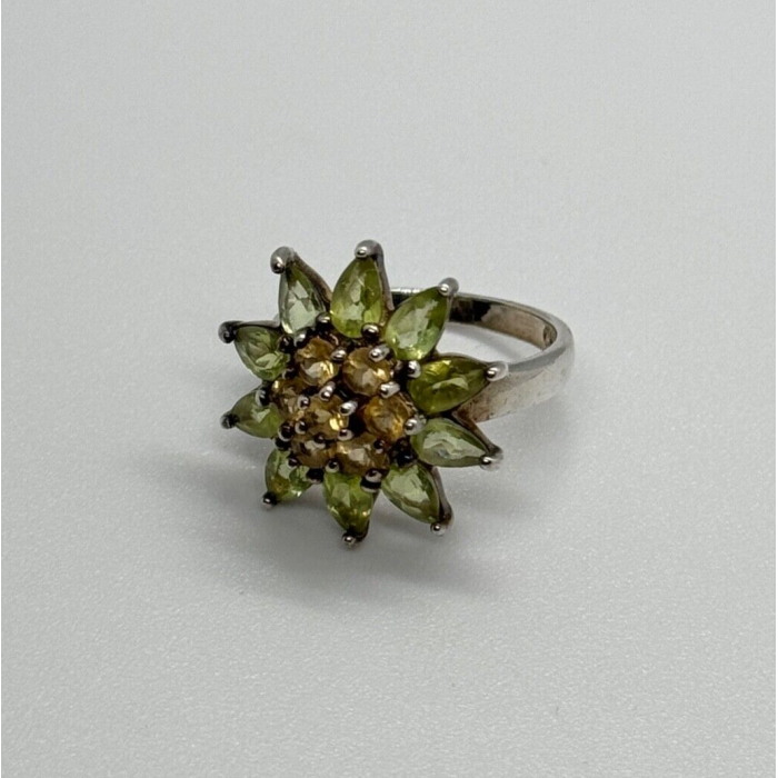 925 Sterling Silver Peridot & Citrine Flower Ring Size 4.5