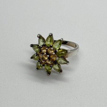 925 Sterling Silver Peridot & Citrine Flower Ring Size 4.5