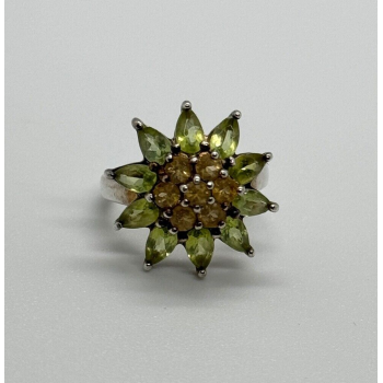925 Sterling Silver Peridot & Citrine Flower Ring Size 4.5