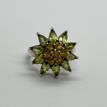 925 Sterling Silver Peridot & Citrine Flower Ring Size 4.5