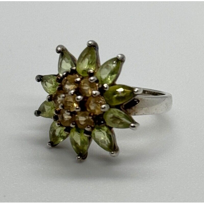 925 Sterling Silver Peridot & Citrine Flower Ring Size 4.5