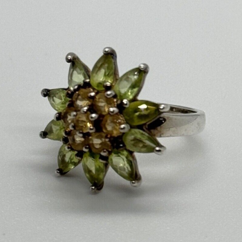 925 Sterling Silver Peridot & Citrine Flower Ring Size 4.5