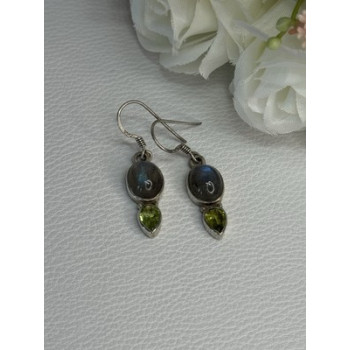 925 Sterling Silver Peridot & Moonstone Earrings Length 1.40 Inch