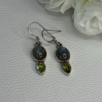 925 Sterling Silver Peridot & Moonstone Earrings Length 1.40 Inch