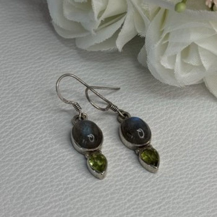 925 Sterling Silver Peridot & Moonstone Earrings Length 1.40 Inch