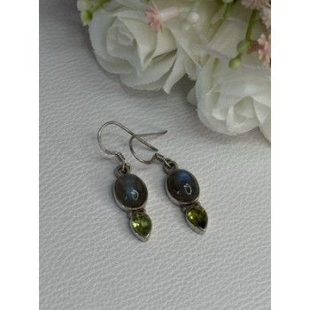 925 Sterling Silver Peridot & Moonstone Earrings Length 1.40 Inch
