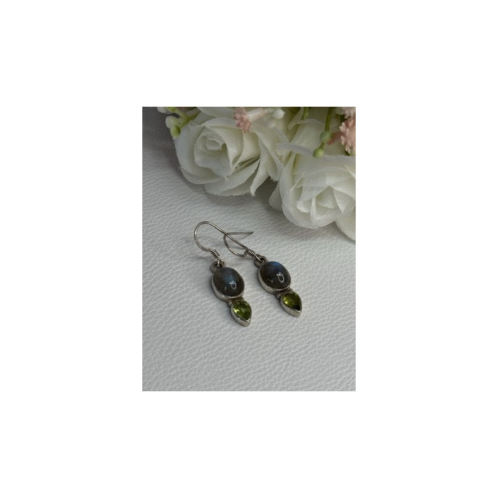 925 Sterling Silver Peridot & Moonstone Earrings Length 1.40 Inch