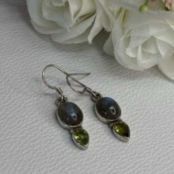 925 Sterling Silver Peridot & Moonstone Earrings Length 1.40 Inch