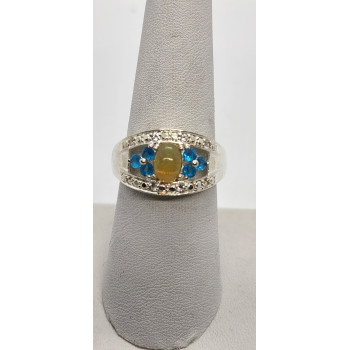 925 Sterling Silver With Opal, White Beryl (goshenite) & Zircon Ring Size 8