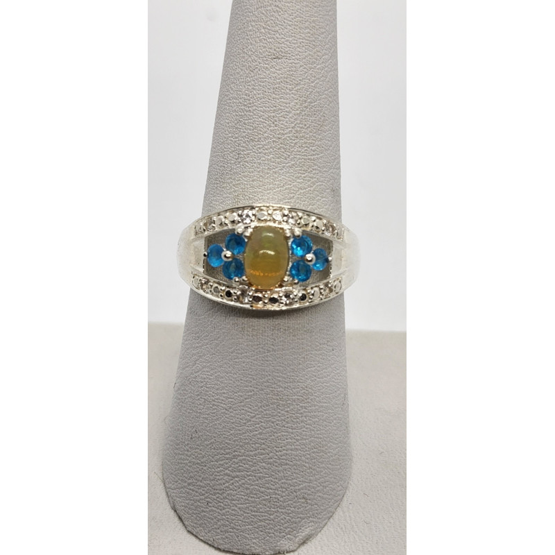 925 Sterling Silver With Opal, White Beryl (goshenite) & Zircon Ring Size 8
