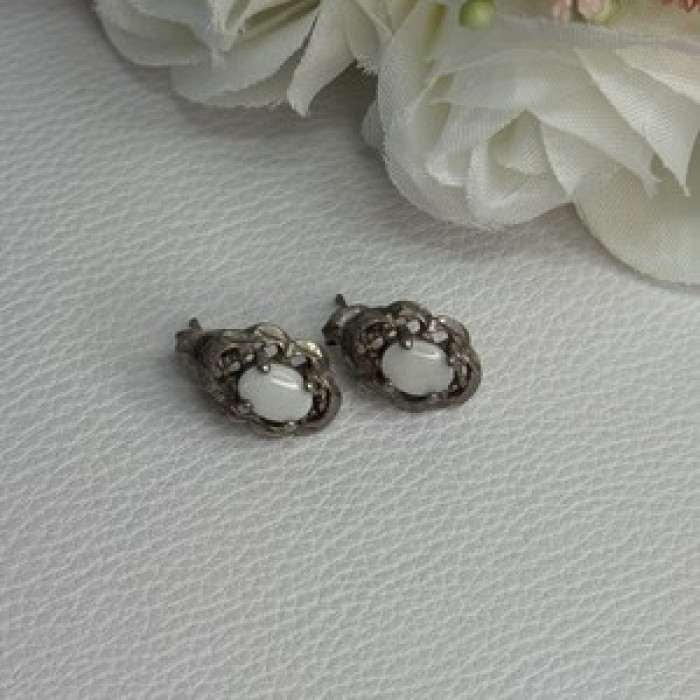 Vintage 925 Sterling Silver Opal Earrings Length 0.56 Inch
