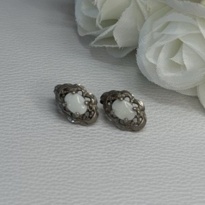 Vintage 925 Sterling Silver Opal Earrings Length 0.56 Inch