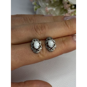 Vintage 925 Sterling Silver Opal Earrings Length 0.56 Inch