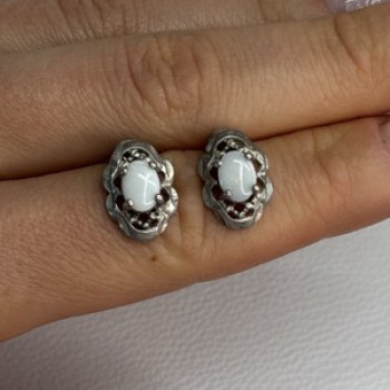 Vintage 925 Sterling Silver Opal Earrings Length 0.56 Inch