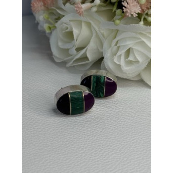 Vintage 925 Sterling Silver Onyx Malachite Agate Earrings Length 0.75 Inch