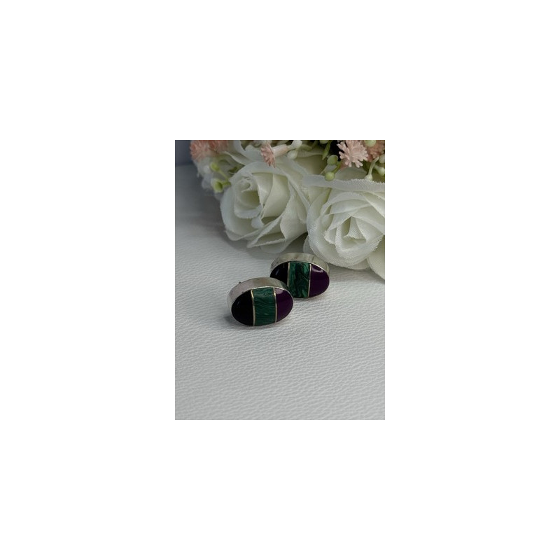 Vintage 925 Sterling Silver Onyx Malachite Agate Earrings Length 0.75 Inch