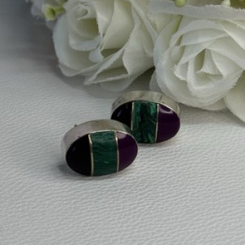 Vintage 925 Sterling Silver Onyx Malachite Agate Earrings Length 0.75 Inch