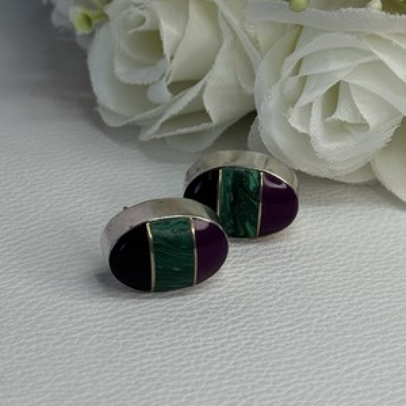 Vintage 925 Sterling Silver Onyx Malachite Agate Earrings Length 0.75 Inch