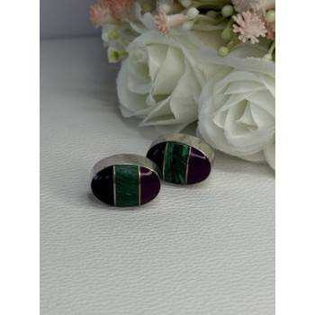 Vintage 925 Sterling Silver Onyx Malachite Agate Earrings Length 0.75 Inch