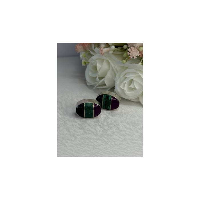 Vintage 925 Sterling Silver Onyx Malachite Agate Earrings Length 0.75 Inch