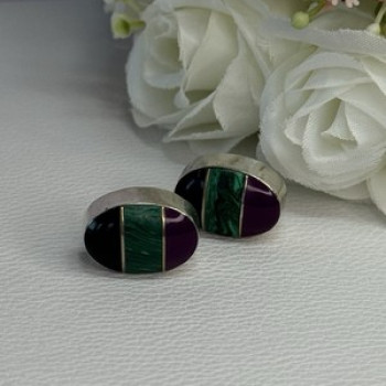 Vintage 925 Sterling Silver Onyx Malachite Agate Earrings Length 0.75 Inch