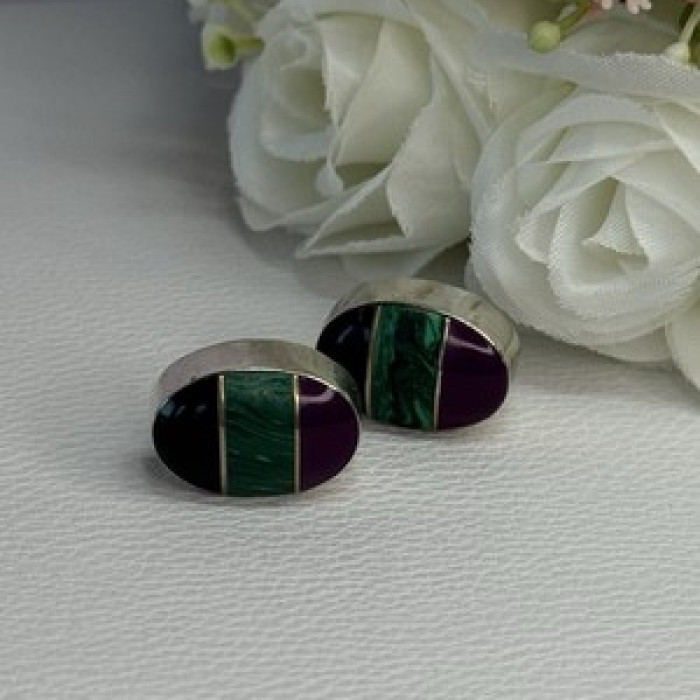 Vintage 925 Sterling Silver Onyx Malachite Agate Earrings Length 0.75 Inch