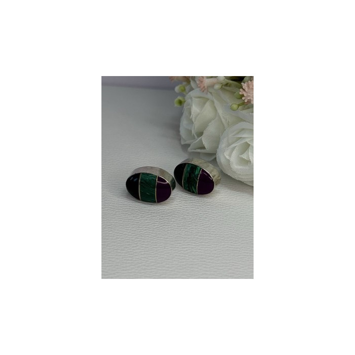 Vintage 925 Sterling Silver Onyx Malachite Agate Earrings Length 0.75 Inch