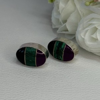 Vintage 925 Sterling Silver Onyx Malachite Agate Earrings Length 0.75 Inch