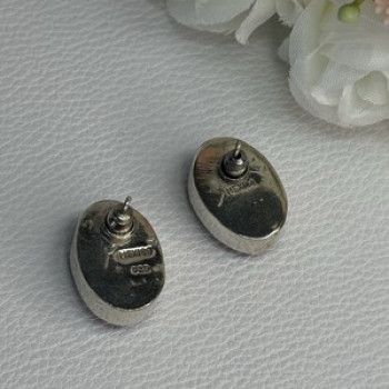 Vintage 925 Sterling Silver Onyx Malachite Agate Earrings Length 0.75 Inch