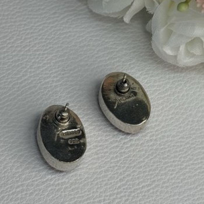 Vintage 925 Sterling Silver Onyx Malachite Agate Earrings Length 0.75 Inch