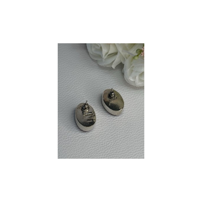 Vintage 925 Sterling Silver Onyx Malachite Agate Earrings Length 0.75 Inch