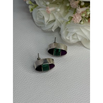 Vintage 925 Sterling Silver Onyx Malachite Agate Earrings Length 0.75 Inch