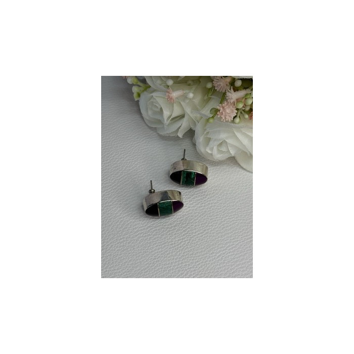 Vintage 925 Sterling Silver Onyx Malachite Agate Earrings Length 0.75 Inch