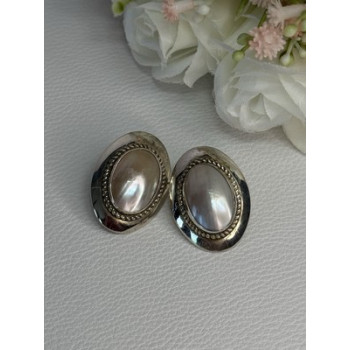 VINTAGE 925 STERLING SILVER MABE PEARL EARRINGS LENGTH 1.15 INCH
