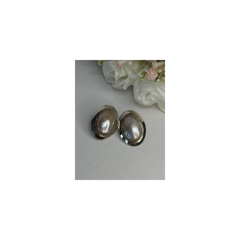 VINTAGE 925 STERLING SILVER MABE PEARL EARRINGS LENGTH 1.15 INCH