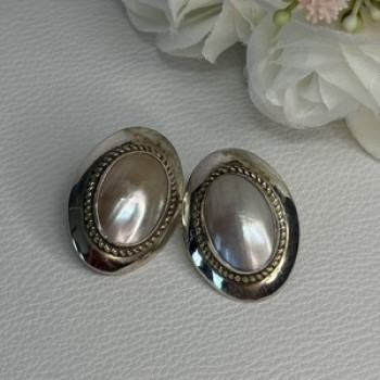 Vintage 925 Sterling Silver Mabe Pearl Earrings Length 1.15 Inch