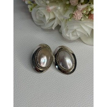 VINTAGE 925 STERLING SILVER MABE PEARL EARRINGS LENGTH 1.15 INCH