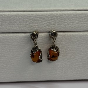925 Sterling Silver Amber Earrings Length 0.85 Inch