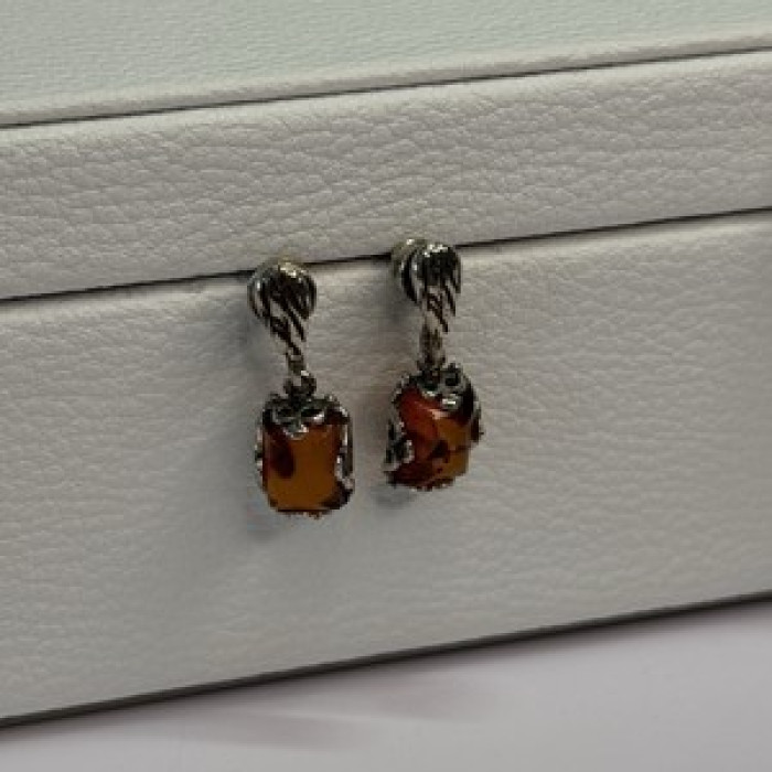 925 Sterling Silver Amber Earrings Length 0.85 Inch