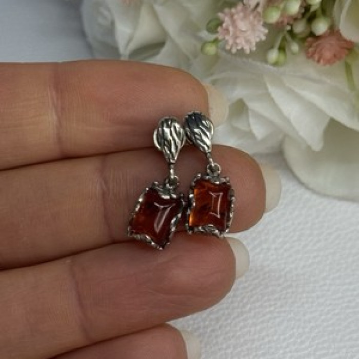 925 Sterling Silver Amber Earrings Length 0.85 Inch