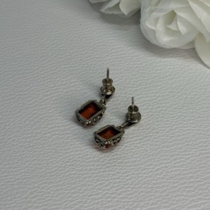 925 Sterling Silver Amber Earrings Length 0.85 Inch