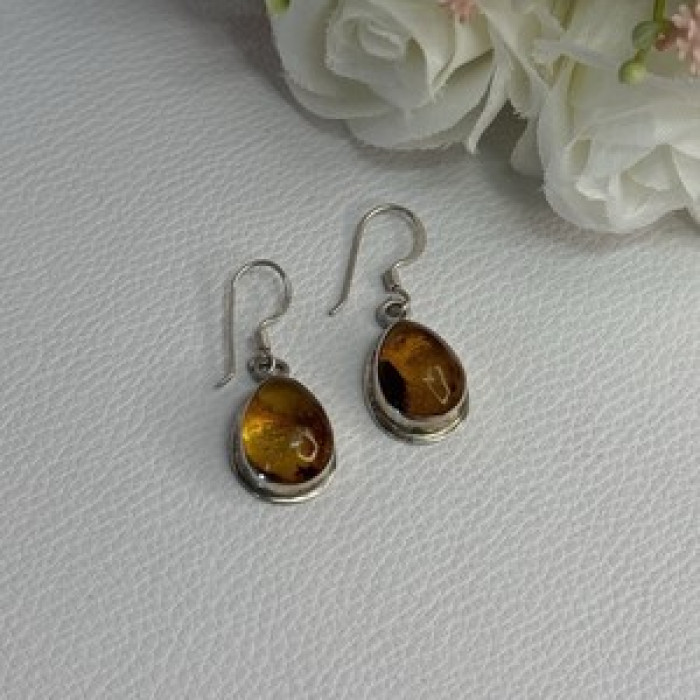 925 Sterling Silver Amber Earrings Length 1.30 Inch