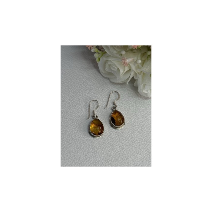 925 Sterling Silver Amber Earrings Length 1.30 Inch