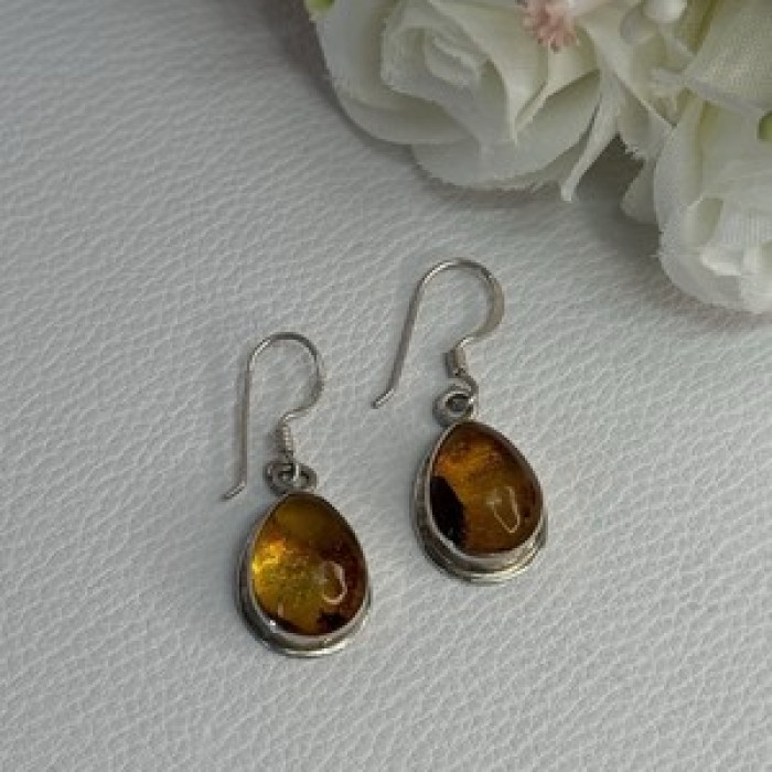 925 Sterling Silver Amber Earrings Length 1.30 Inch