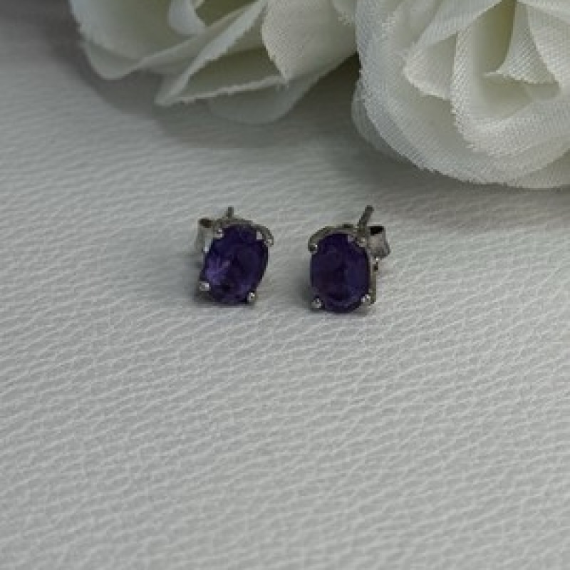 925 Sterling Silver Amethyst Earrings Length 0.27 Inch